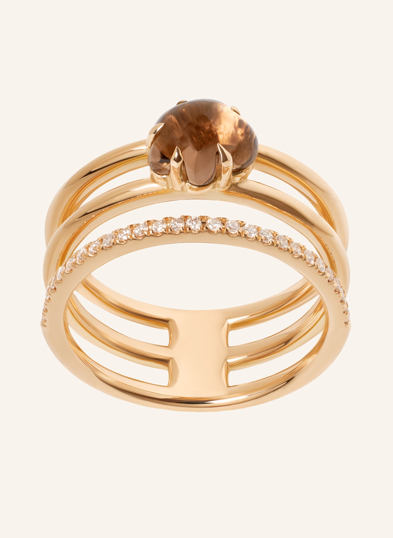 VIERI Ring WOLKE RAUCHQUARZ BRILLANT PAVÉ DREIREIHIG: ROSÉGOLD