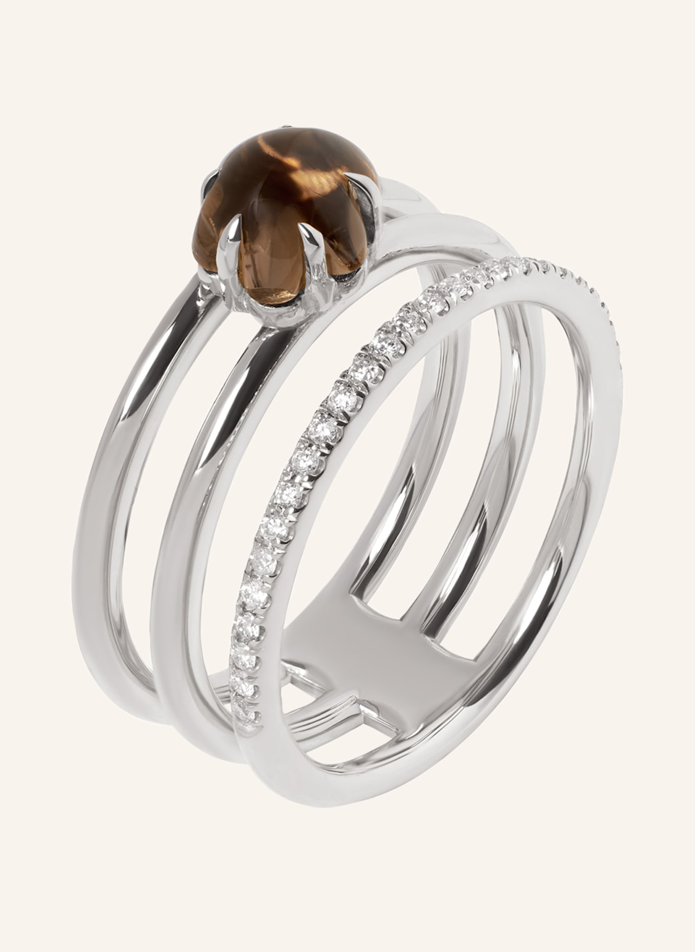 VIERI Ring WOLKE RAUCHQUARZ BRILLANT PAVÉ DREIREIHIG: WEISSGOLD