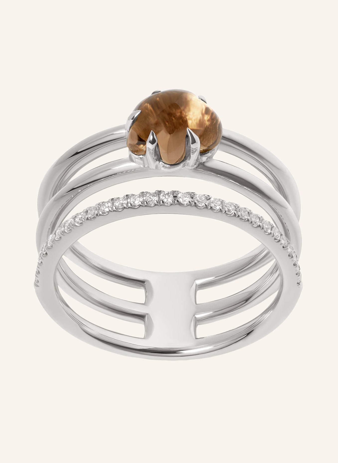 VIERI Ring WOLKE RAUCHQUARZ BRILLANT PAVÉ DREIREIHIG: WEISSGOLD