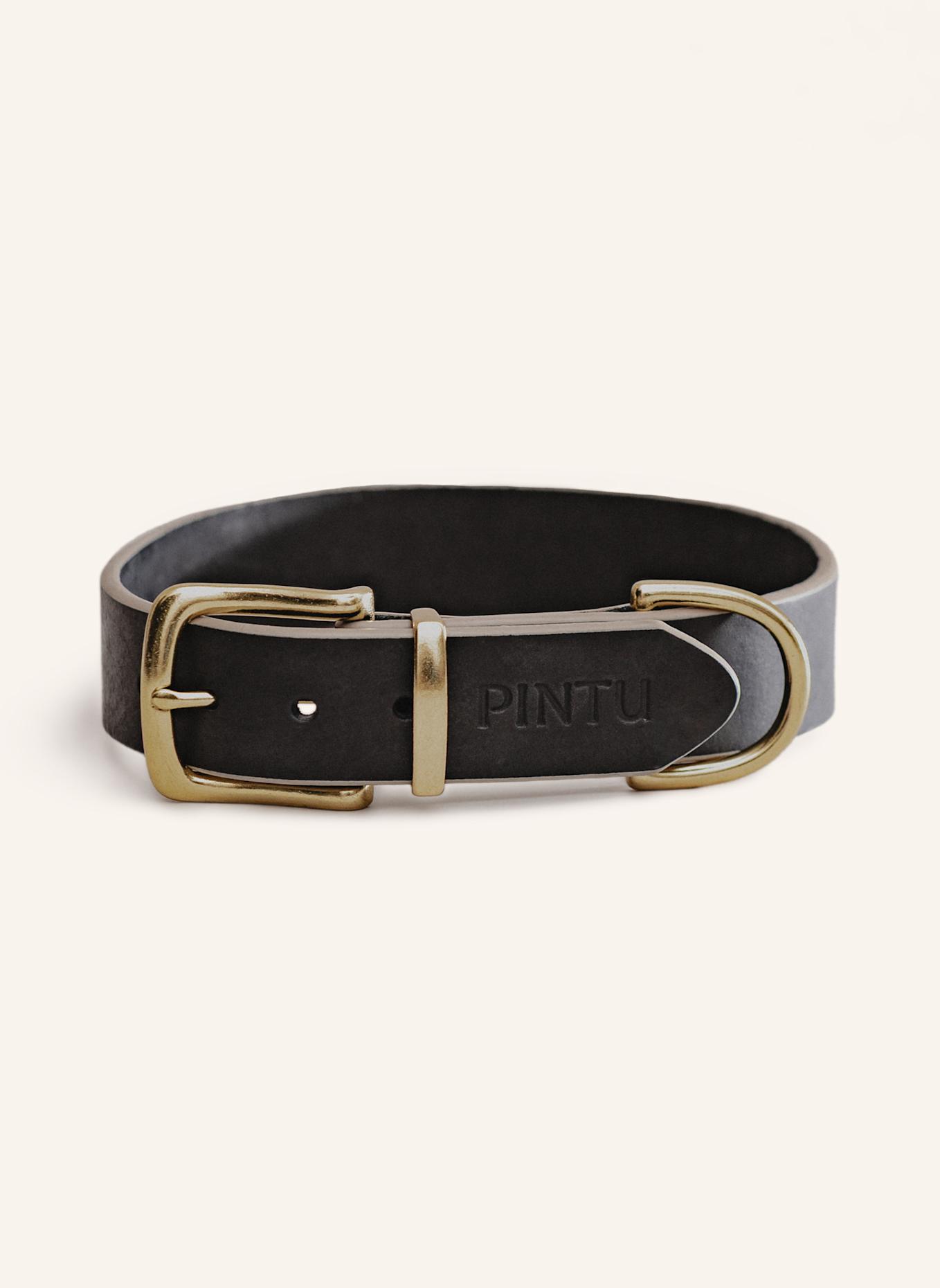 Pintu Hundehalsband MONTE mit Beschlag aus Messing: SCHWARZ/ TAUPE
