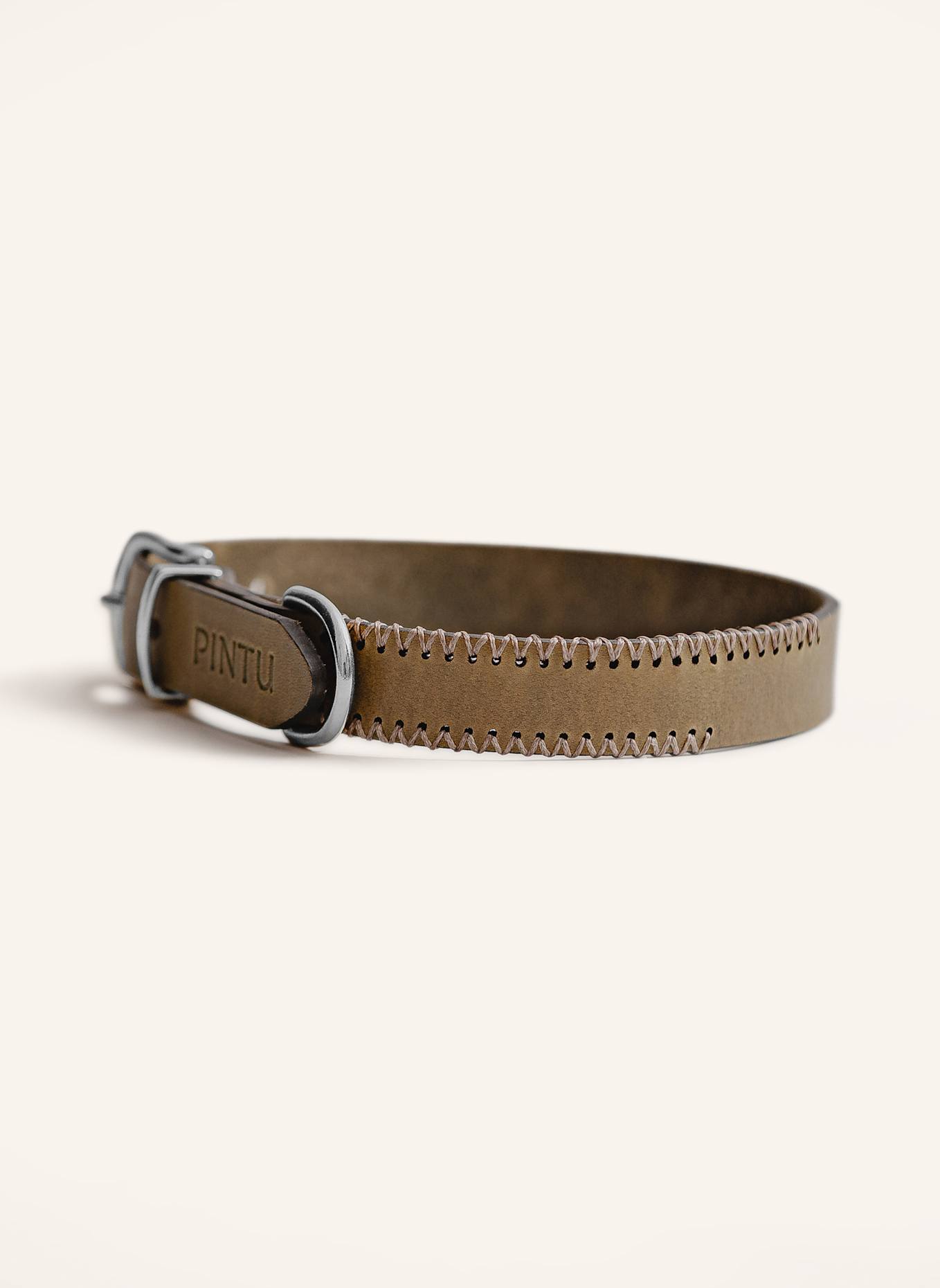 Pintu Hundehalsband PORTHOS mit Beschlag aus Edelstahl: OLIV/ TAUPE
