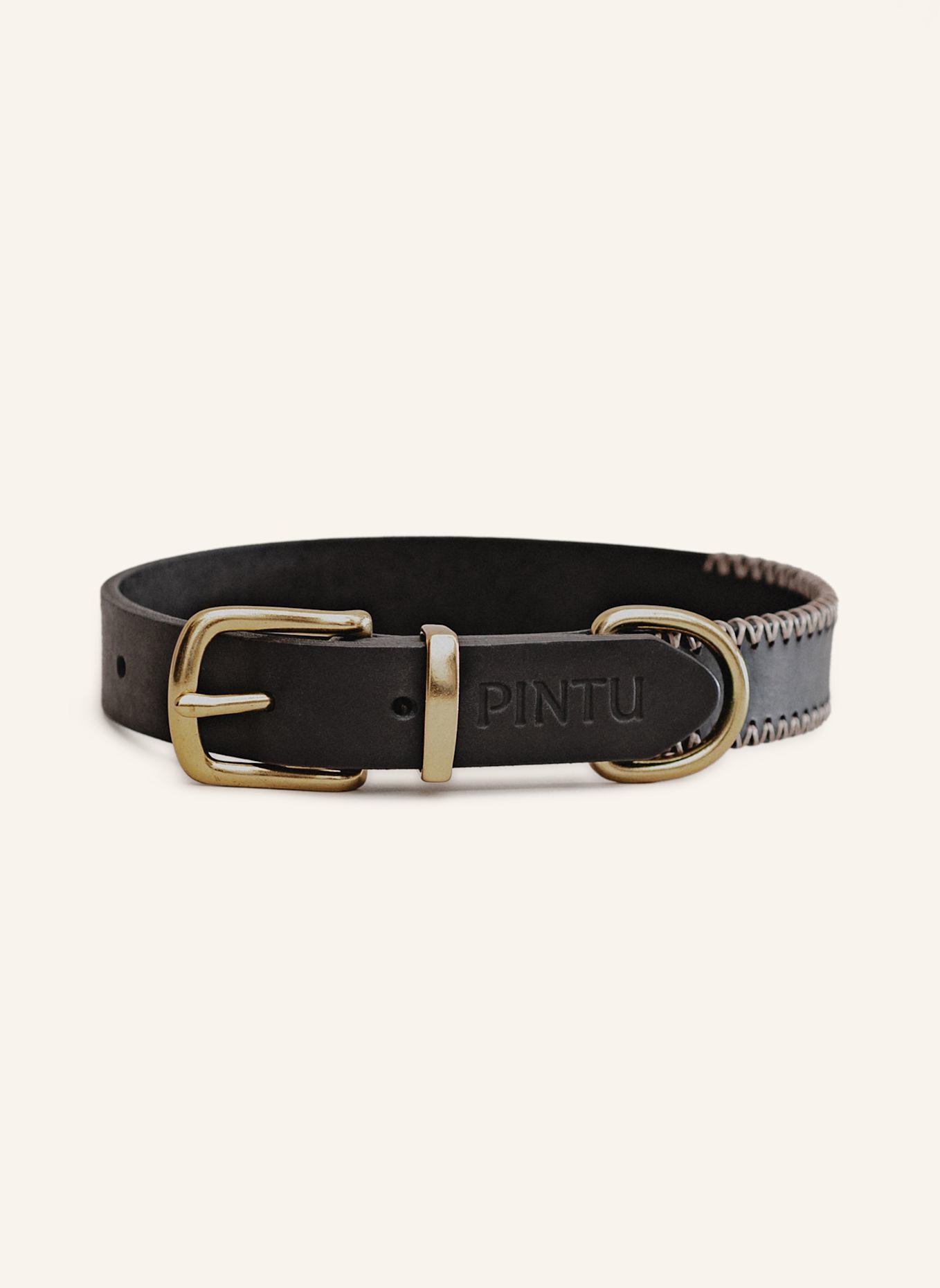 Pintu Hundehalsband PORTHOS mit Beschlag aus Messing: SCHWARZ/ TAUPE
