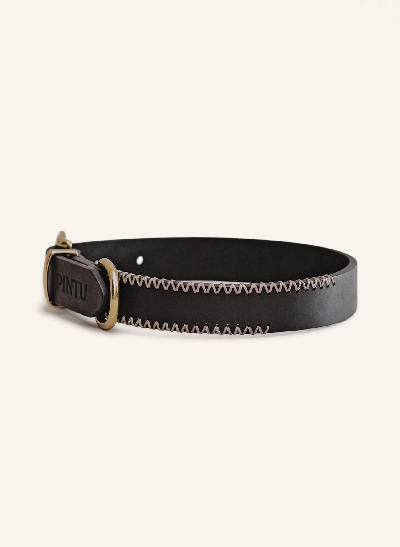 Pintu Hundehalsband PORTHOS mit Beschlag aus Messing: SCHWARZ/ TAUPE