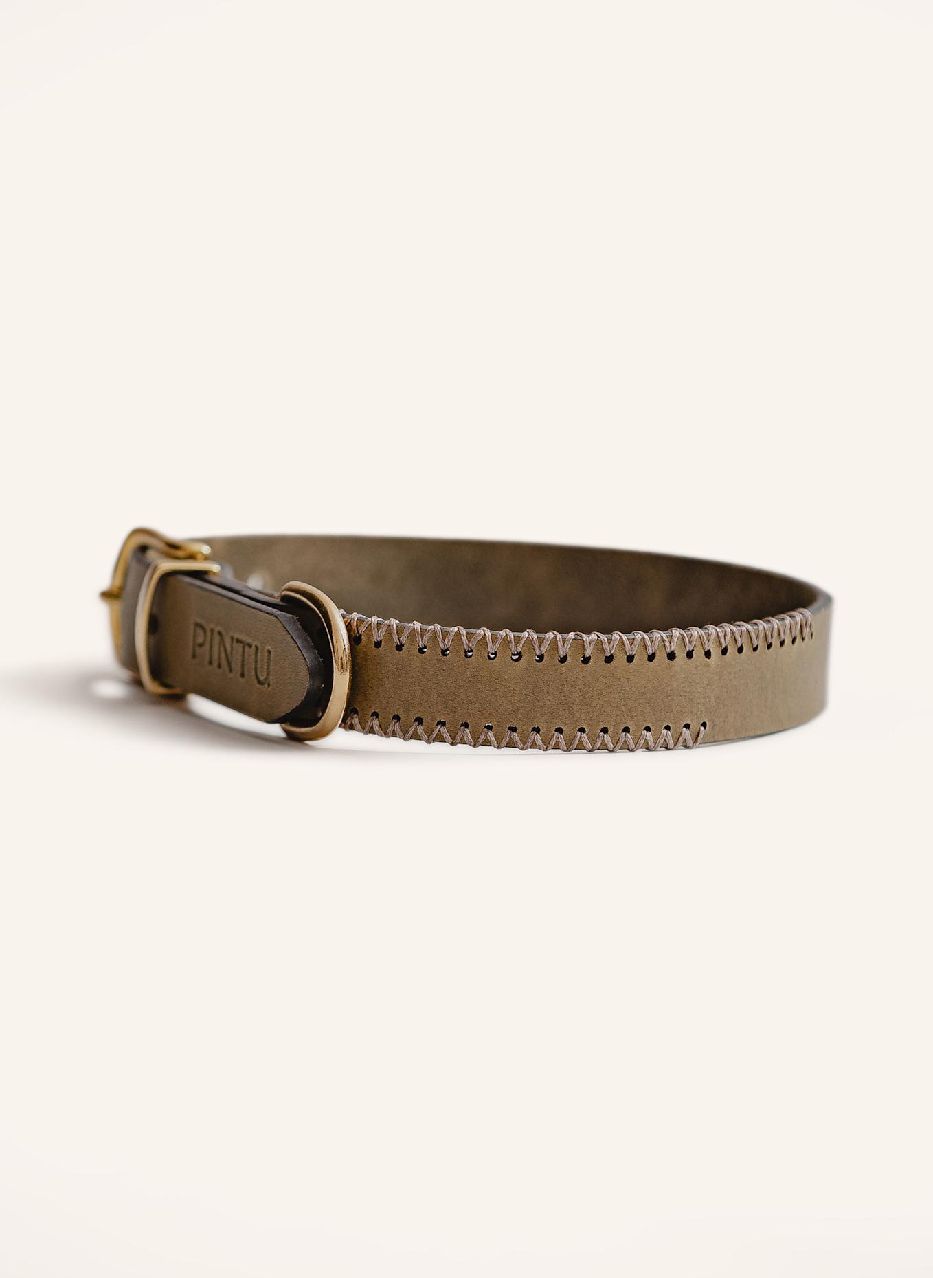 Pintu Hundehalsband PORTHOS mit Beschlag aus Messing: OLIV/ TAUPE