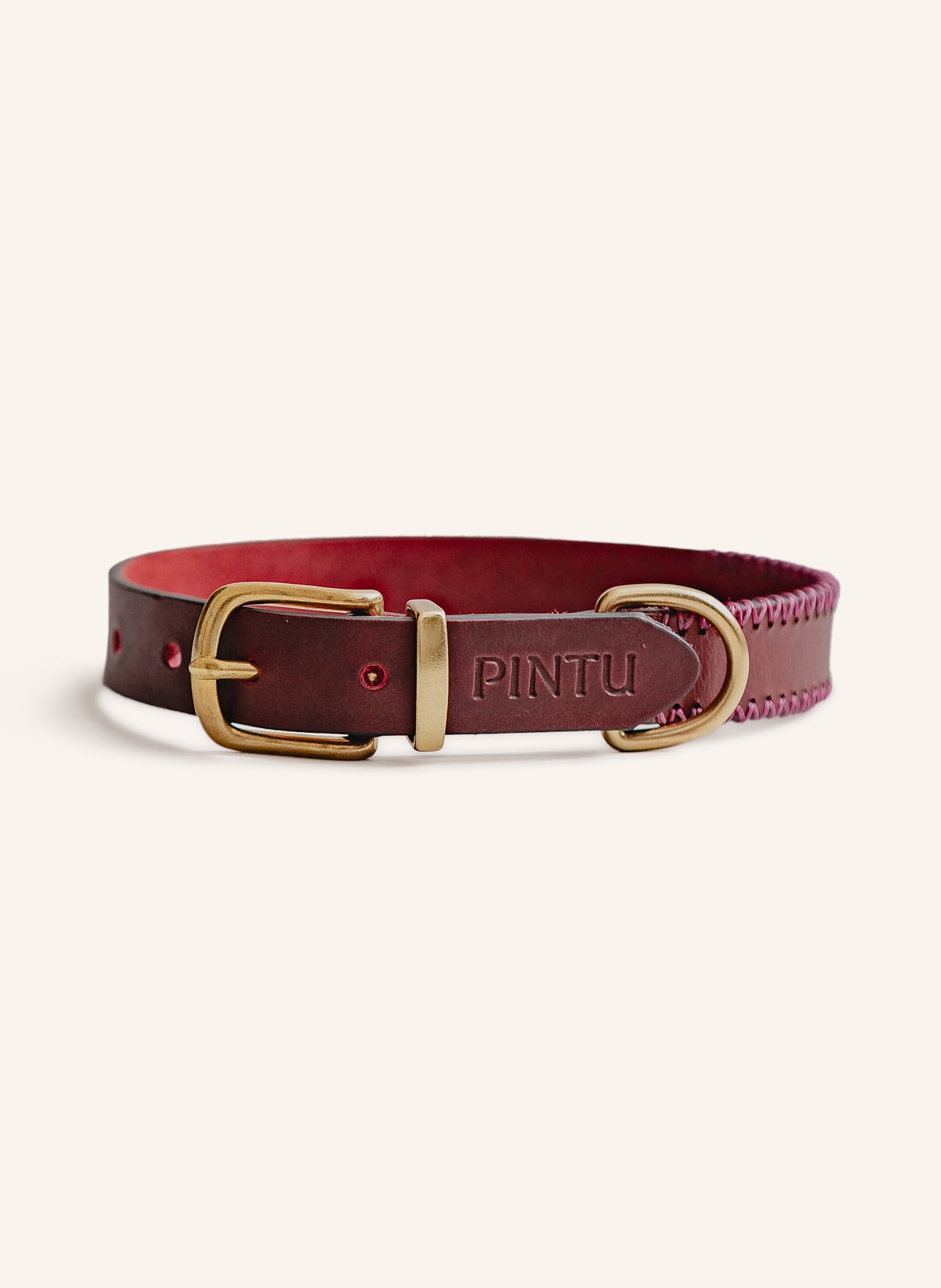 Pintu Hundehalsband PORTHOS mit Beschlag aus Messing: ROT/ ROSA