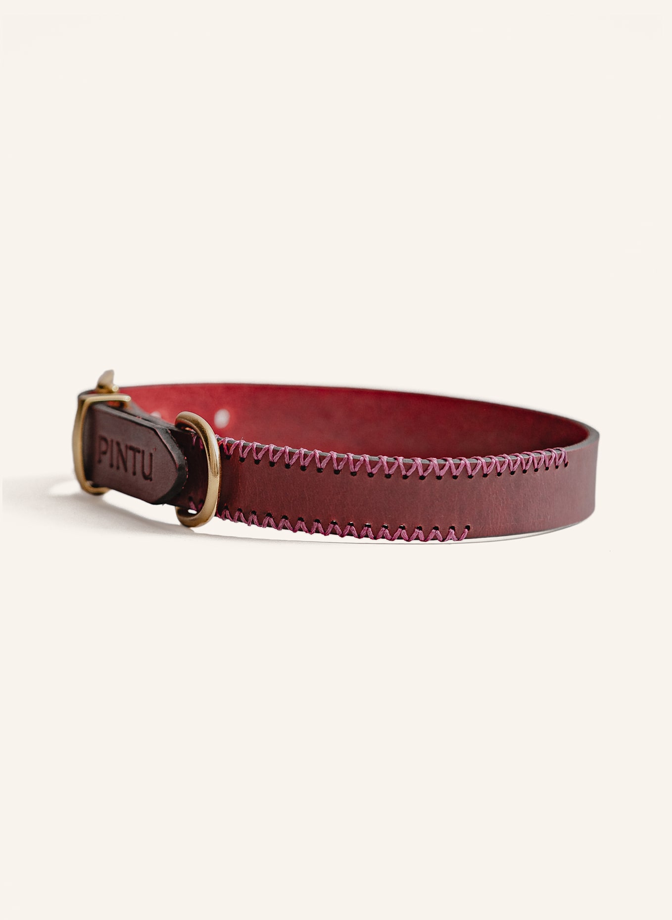 Pintu Hundehalsband PORTHOS mit Beschlag aus Messing: ROT/ ROSA
