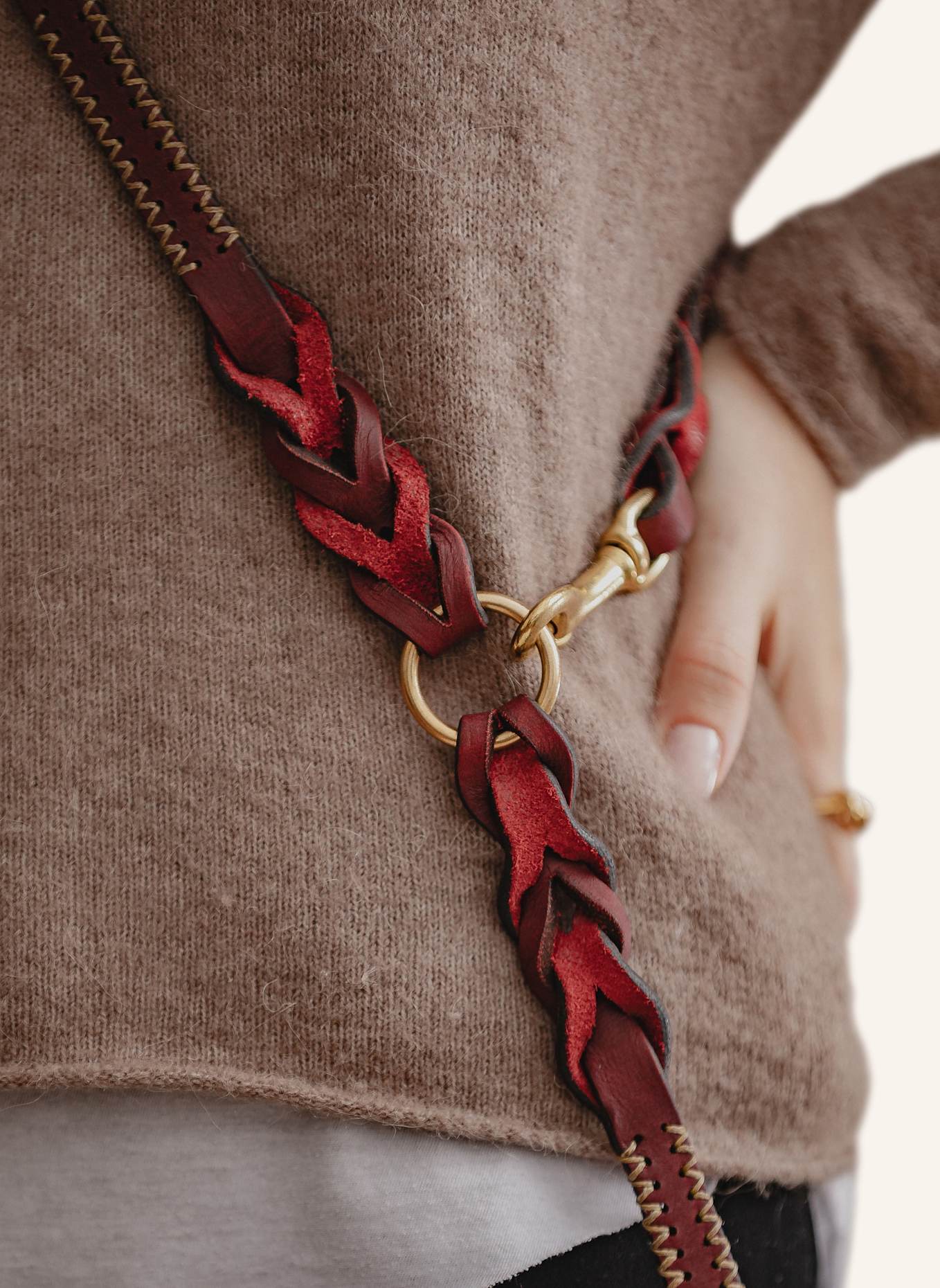 Pintu Hundeleine LUMAS verstellbar mit Beschlag aus Messing: ROT/ GOLD