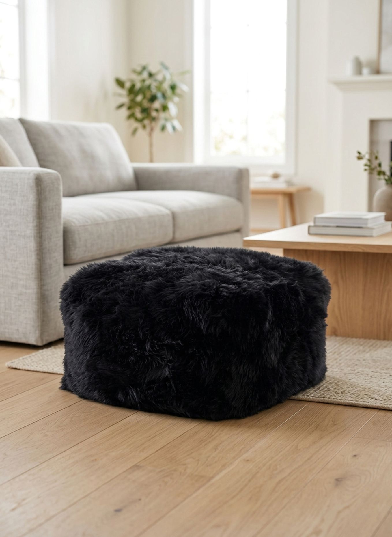 Natures Collection Lammfellpouf Langhaar: SCHWARZ