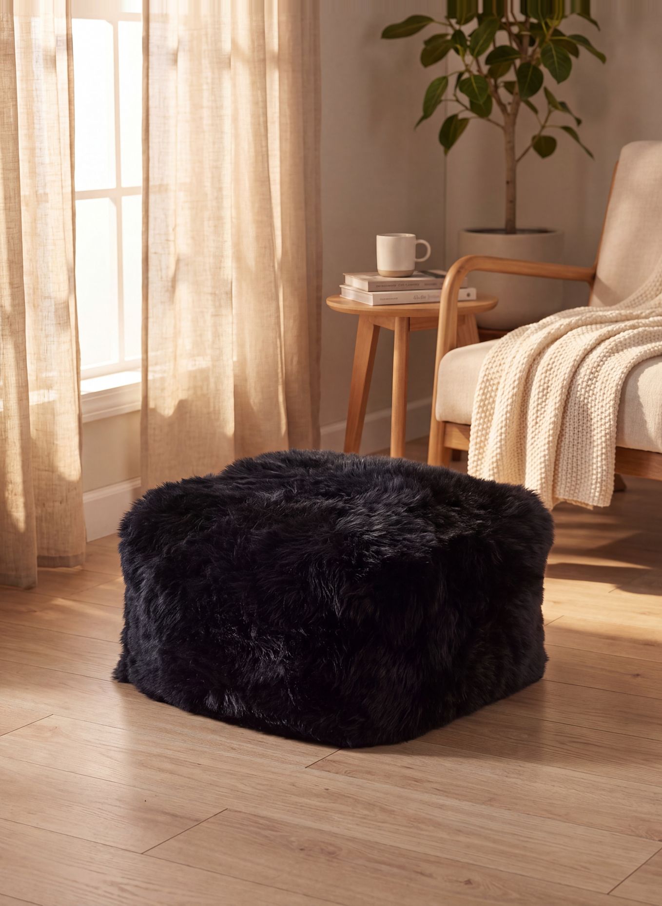 Natures Collection Lammfellpouf Langhaar: SCHWARZ