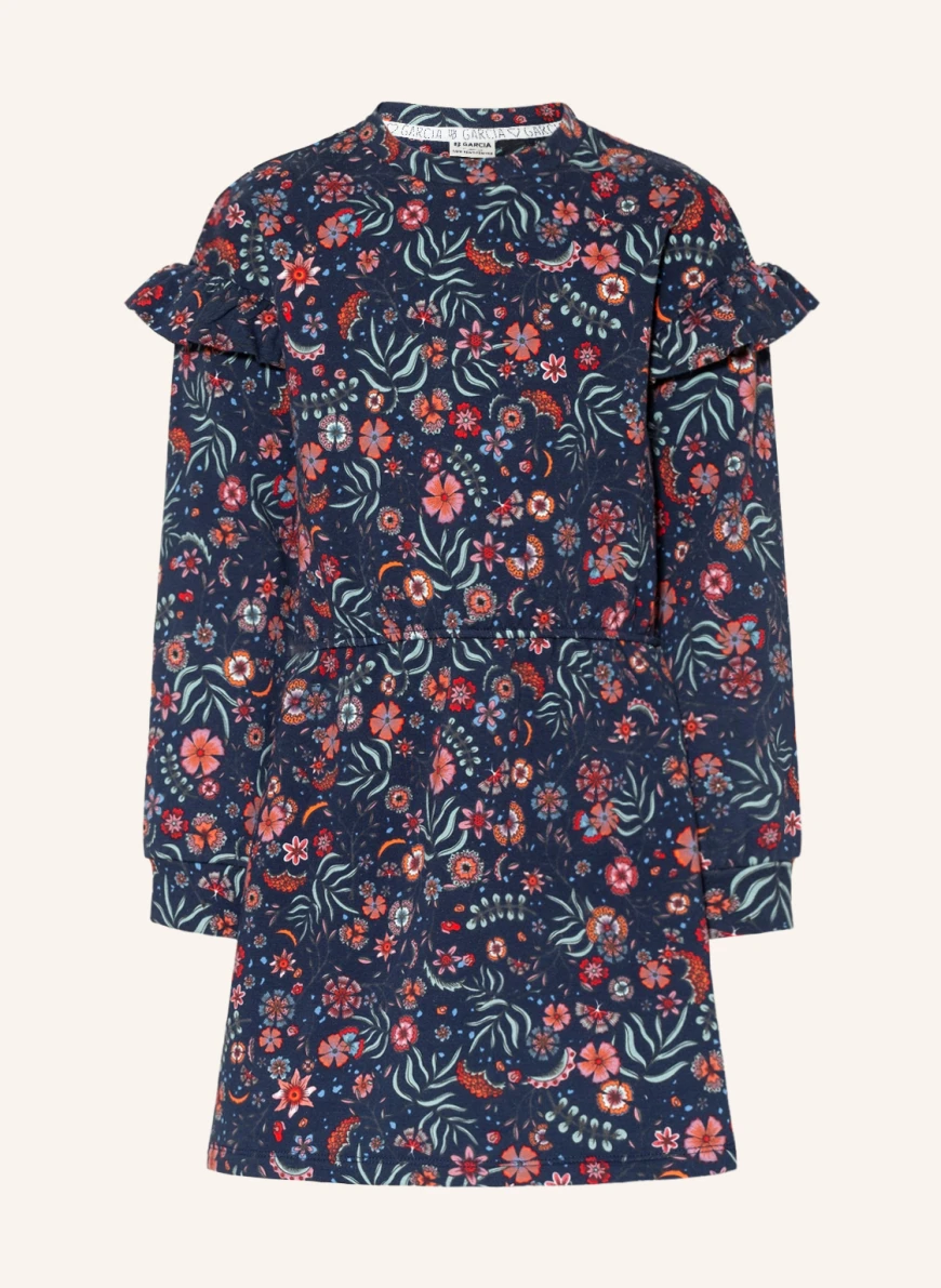 GARCIA Sweatkleid mit Rüschen in dunkelblau/ hellgrün/ hellrot