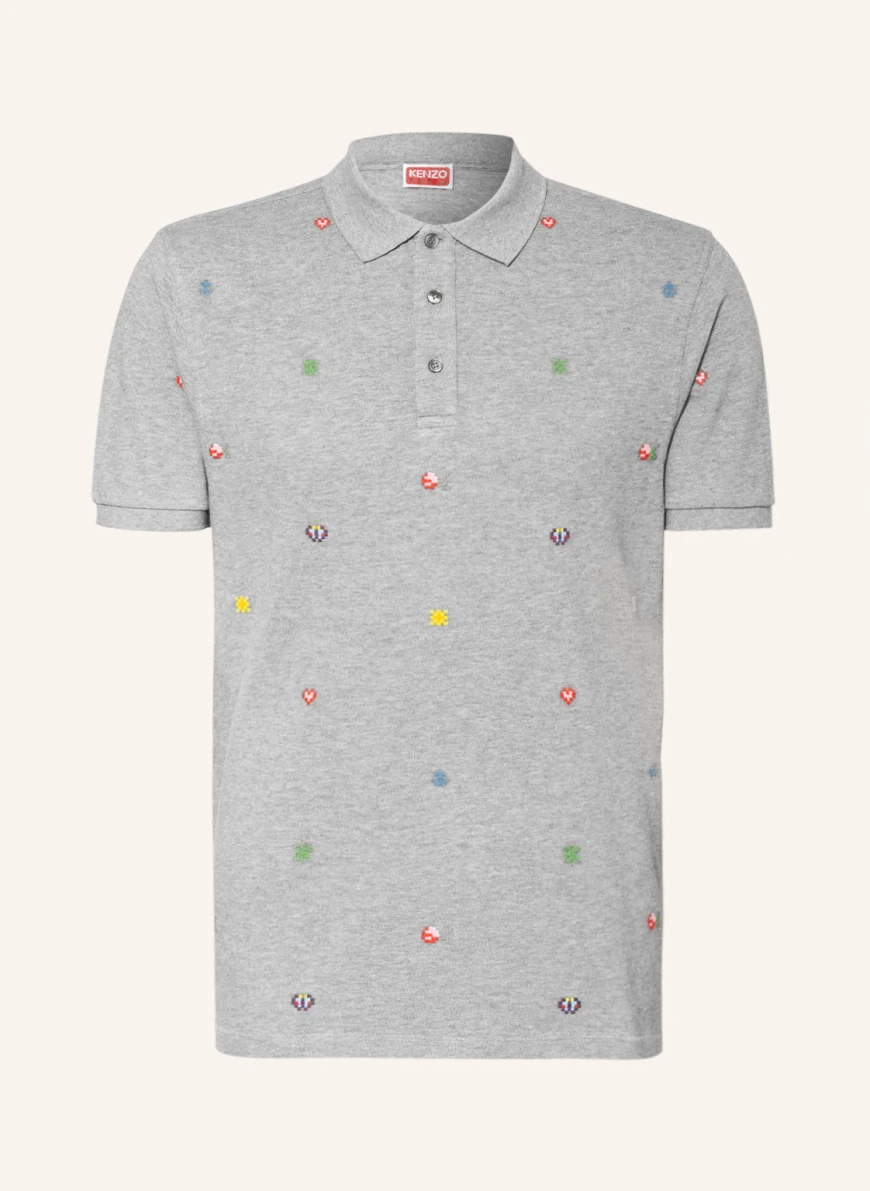 KENZO Piqué-Poloshirt mit Stickereien in grau/ blau/ rot