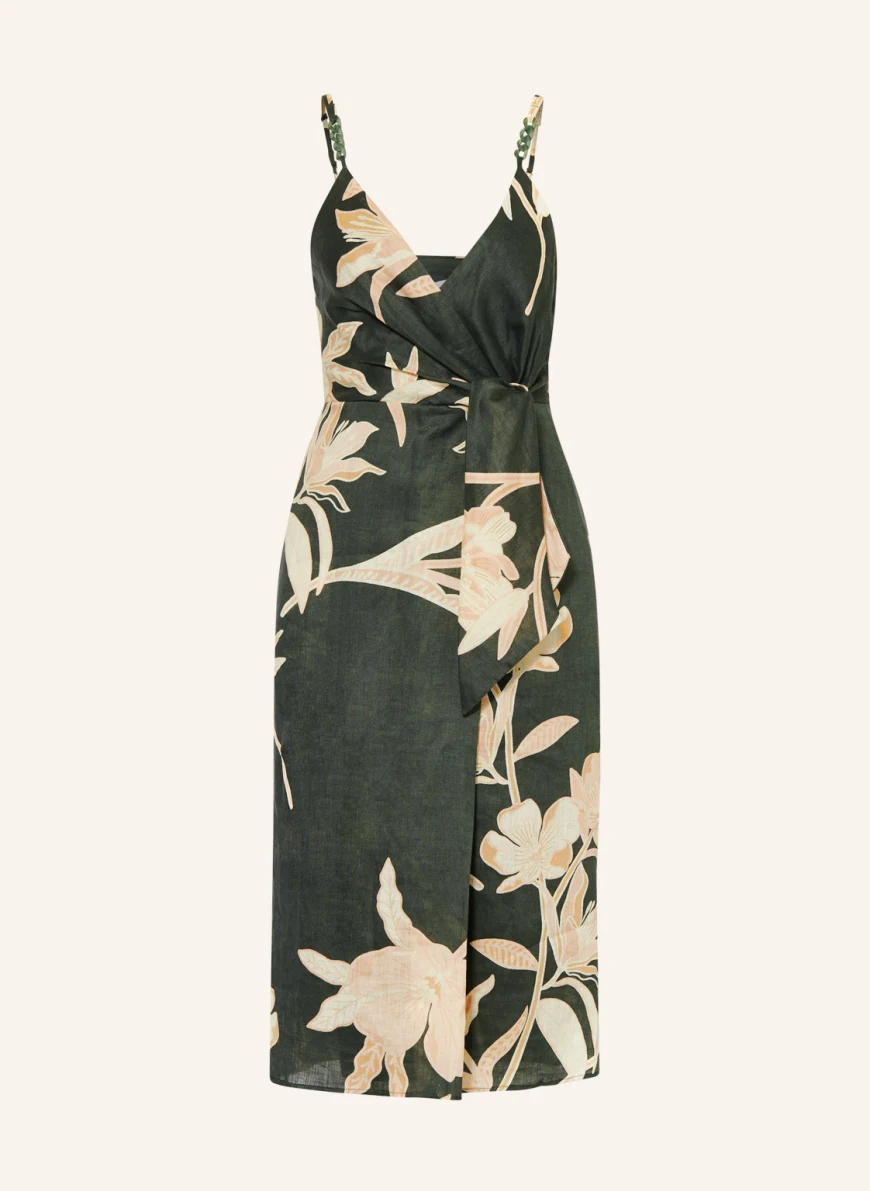 REISS Leinenkleid ALICE in Wickeloptik in dunkelgrün/ ecru/ beige